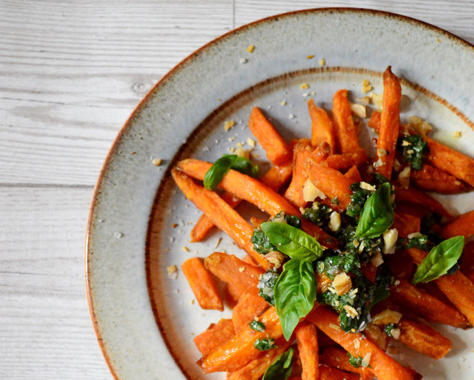 Sweet Potato Fries with Basil and Walnut Pesto